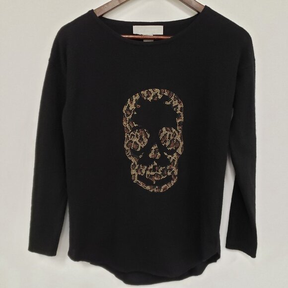 Ply Cashmere Womens Skull Rhinestone Sweater Size XS Black Edgy Cozy Punk Skater - Picture 1 of 9